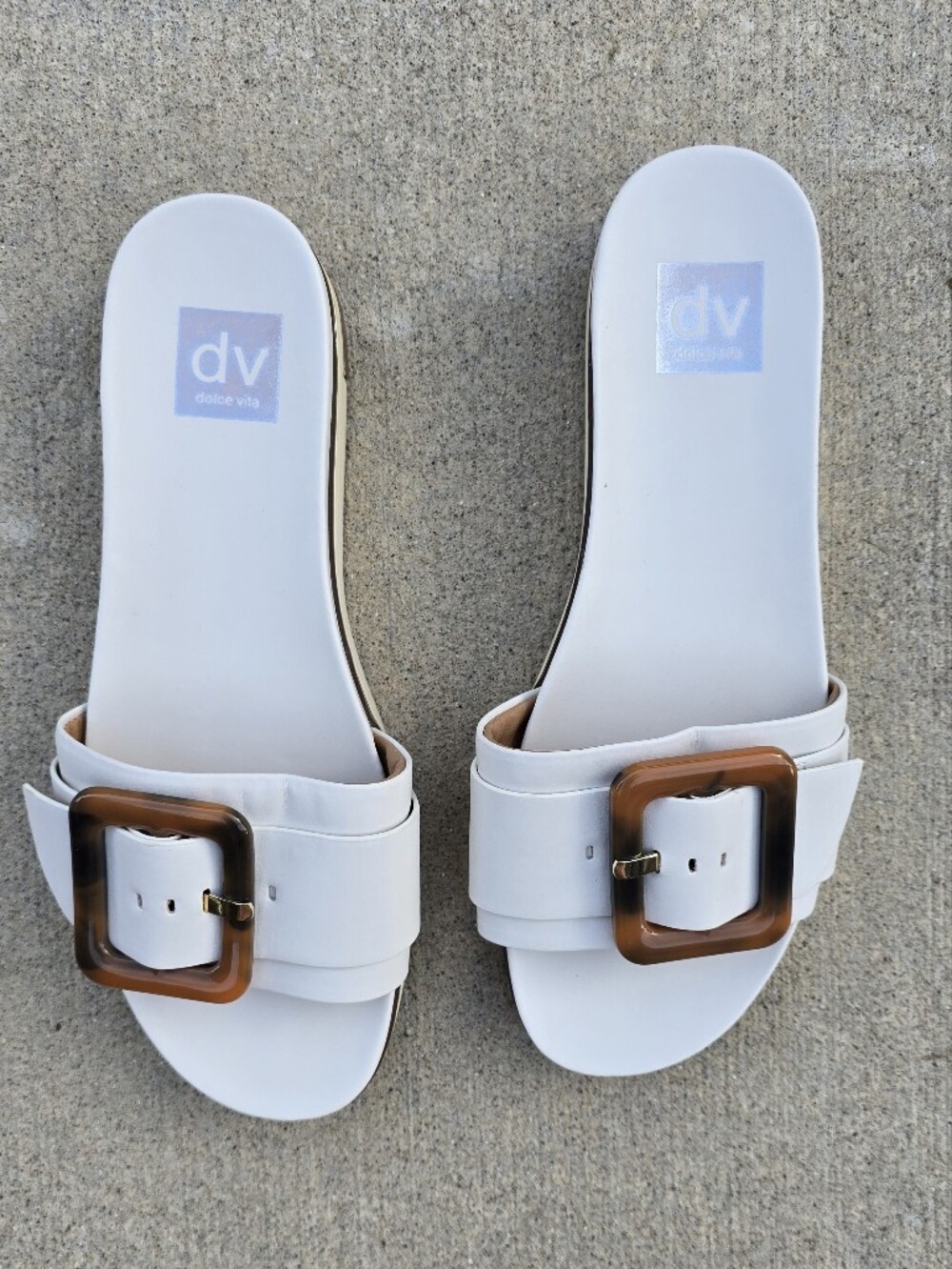 DV by Dolce Vita White Slide Sandals with Tortoiseshell Buckles